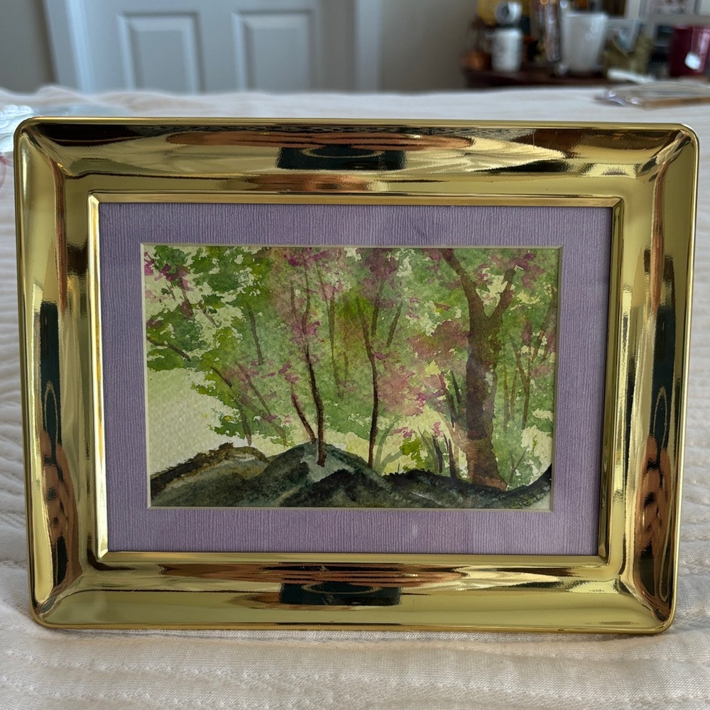 Elegant Solid Brass 5 x 7 Picture Frame w/ Hand Painted Watercolor “Red Buds”